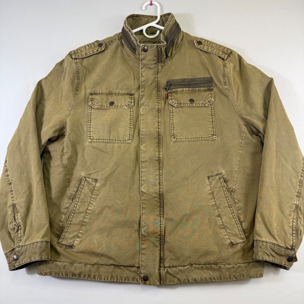 Levis Military Jacket Mens XL Khaki Washed Cotton Sherpa Lined Field Coat Zip Up